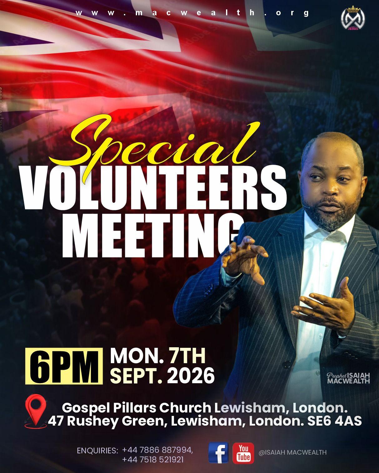 Special Volunteers Meeting — Mon 7th Sept 2026, 6PM at Gospel Pillars Lewisham